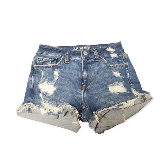 Arizona Jean Co. Mid Rise Dark Wash Distressed Shorts | Size 1 - Picture 1 of 6